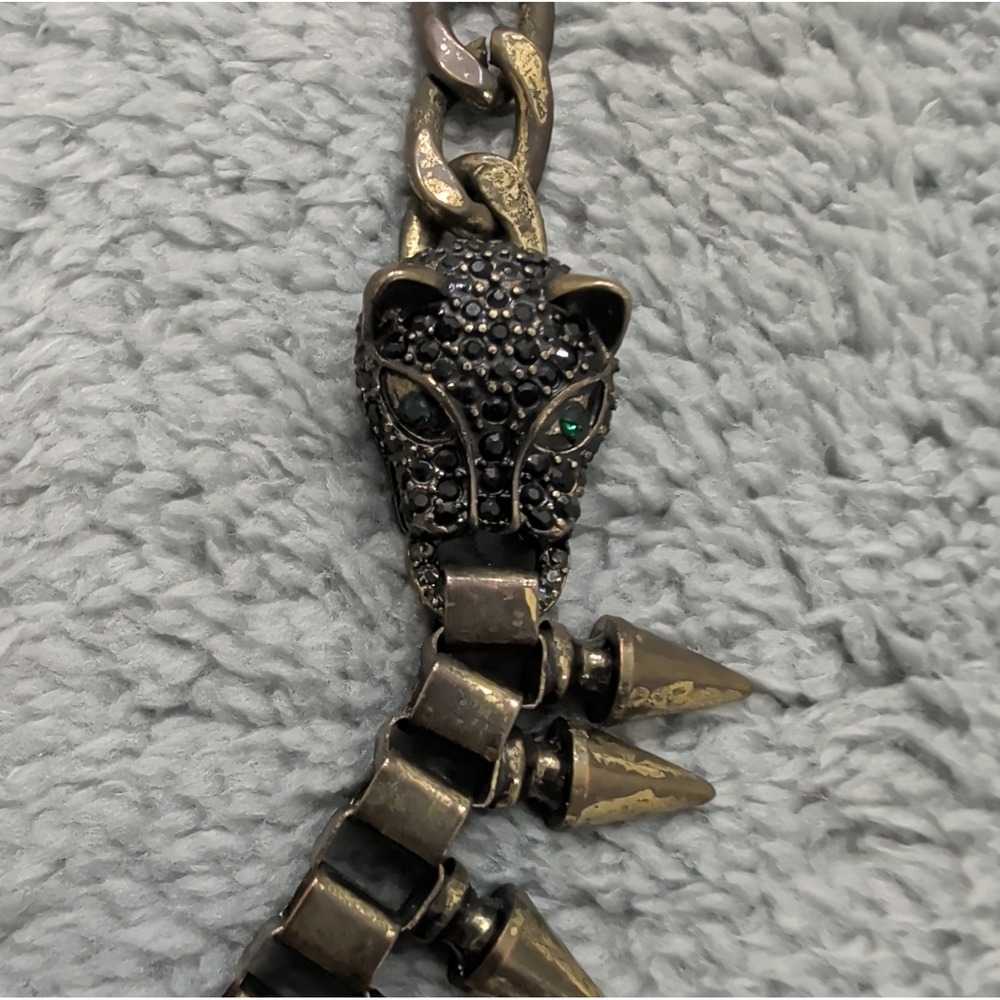Natasha Double Panther Spike Statement Necklace Gunmetal Black Green Eyes - Picture 2 of 7
